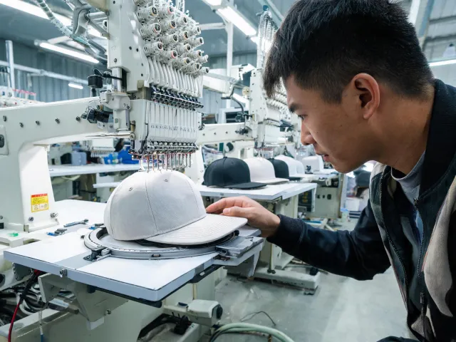 Cap embroidery setup with hooping station