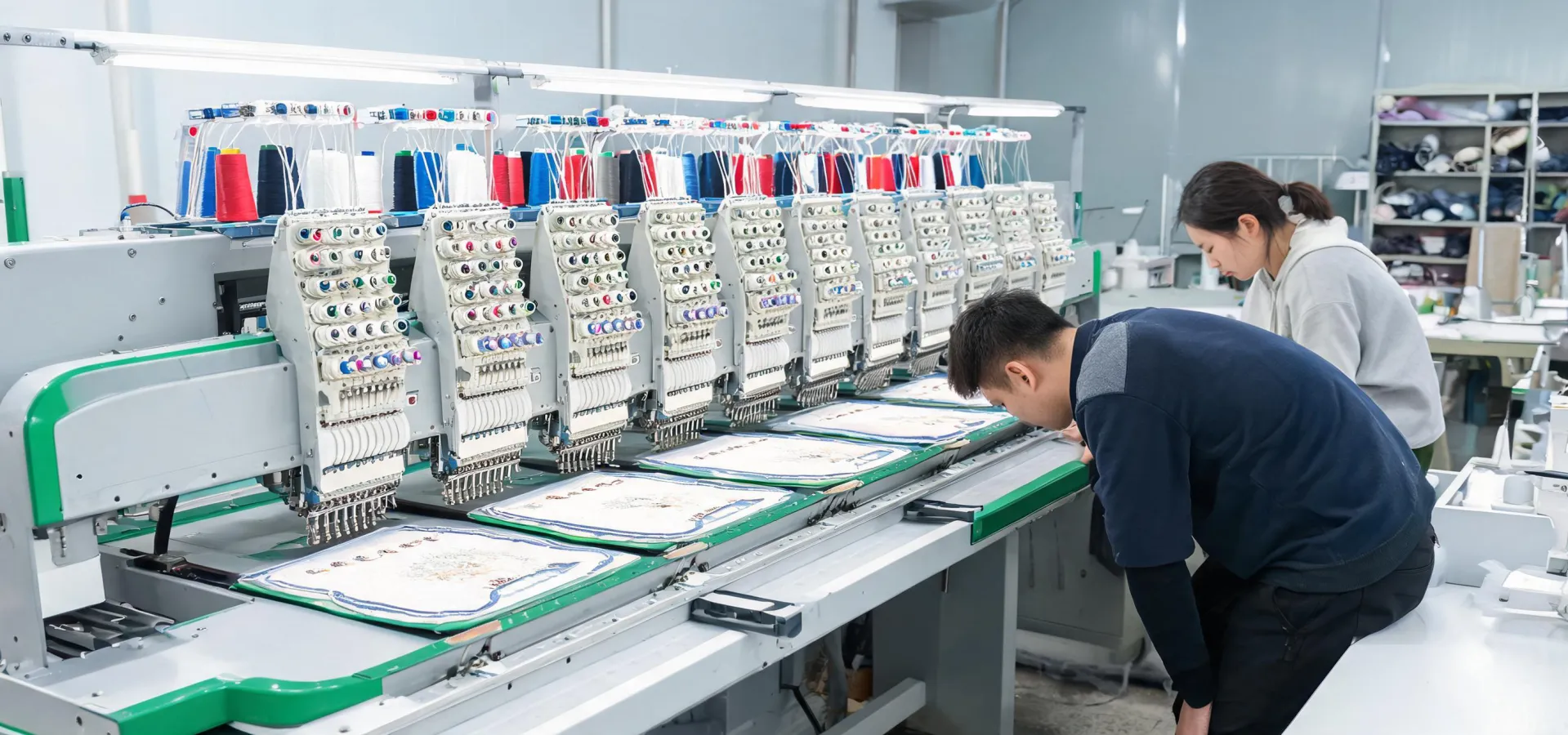 Multi-head industrial embroidery machine in production
